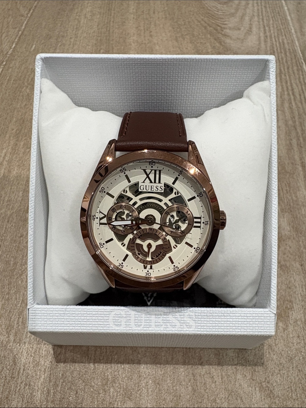 NWT GUESS Men’s Brown Leather Skeleton Dial Watch